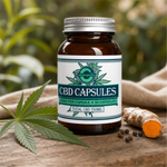 CBD Capsules with hemp leaf, turmeric and pepper