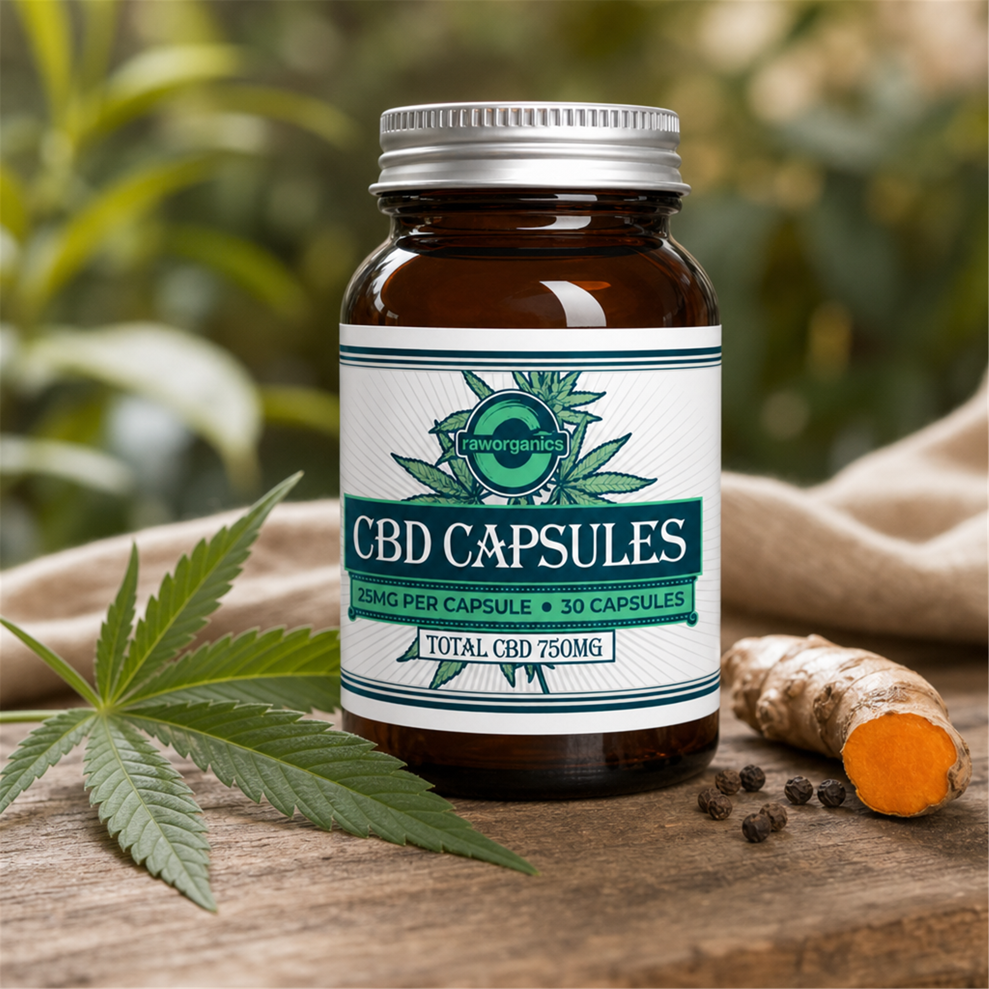 CBD Capsules with hemp leaf, turmeric and pepper