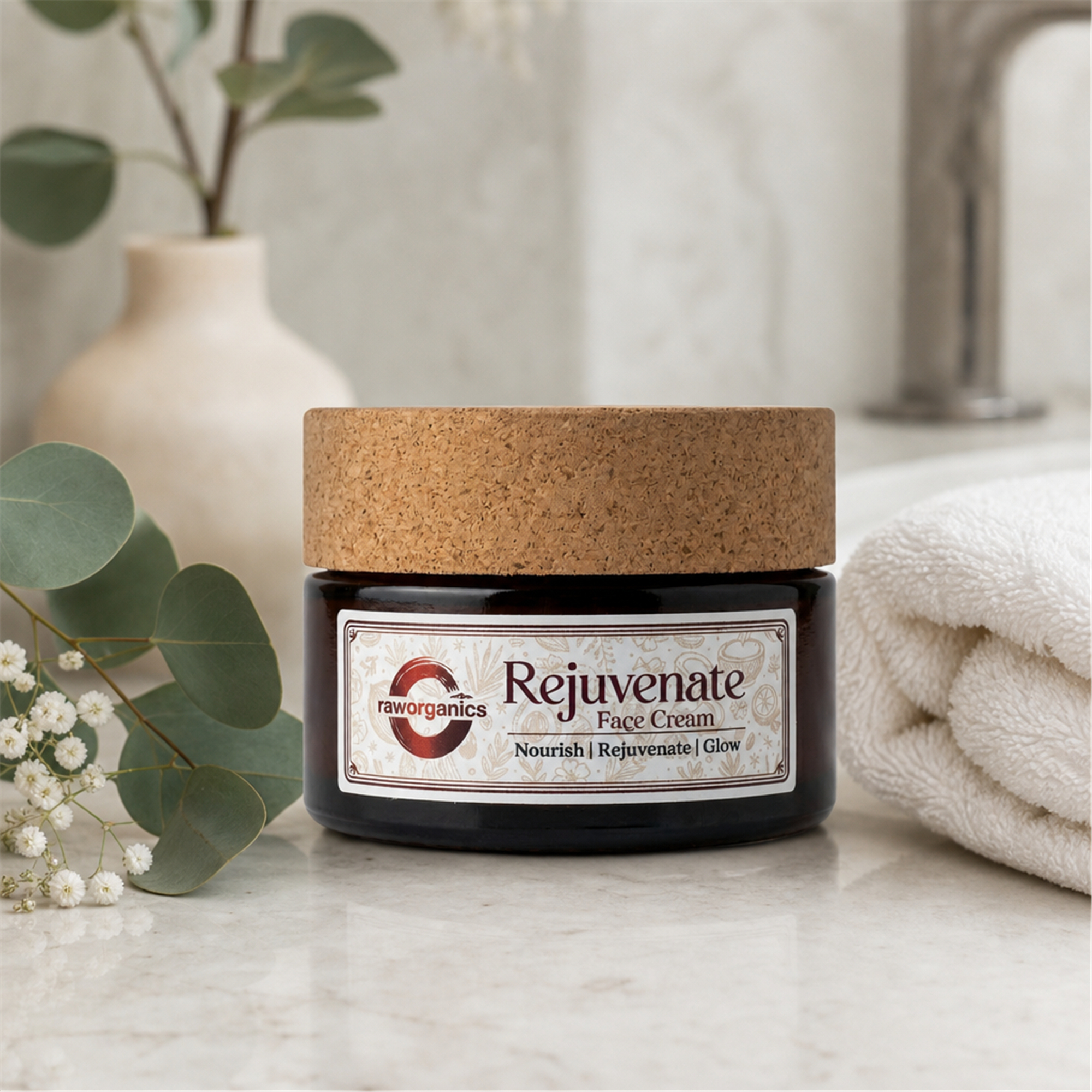 Rejuvenate face cream on a spa vanity with botanicals